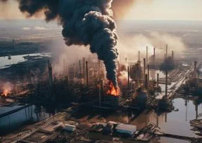 Hořící ropná rafinerie