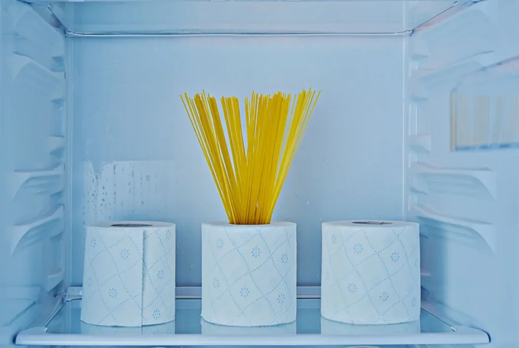 Tři role toaletního papíru v lednici