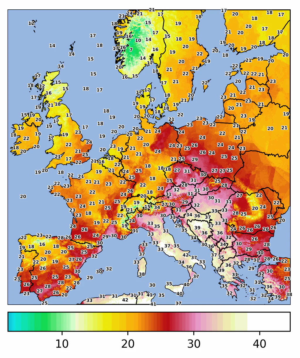 Teploty v Evropě během pátku 28. srpna s rozpálenou Itálií