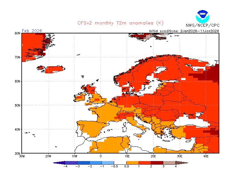 Podle modelu CFS bude Česká republika v únoru o 1 až 2 °C teplejší než obvykle