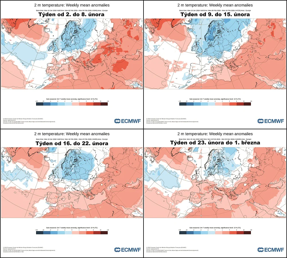 teplotní anomálie ve srovnání s klimatickým normálem 1991-2020 v jednotlivých týdnech února 2026 dle modelu ECWMF