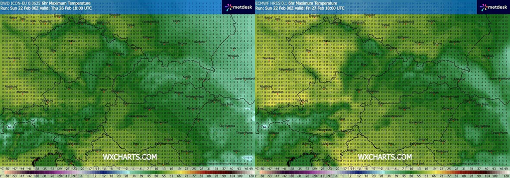 Obr. 4: Maximální teplota během čtvrtečního a pátečního dne nad střední Evropou. Zdroj: WXcharts.com