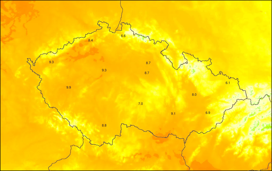 Obr. 2: Teplota během úterního odpoledne v Česku. Zdroj: Aladin/Meteocentrum