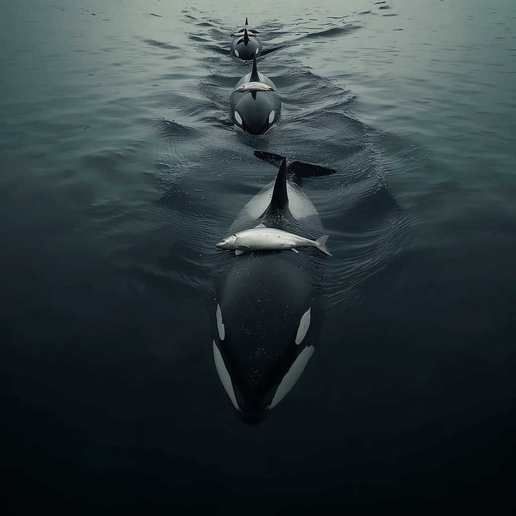 lucid-origin_A_photorealistic_black-and-white_orca_moving_slowly_and_solemnly_through_calm_da-0