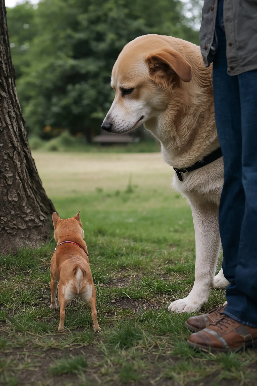 lucid-origin_A_photorealistic_tiny_Chihuahua_calmly_observing_a_large_gentle_dog_from_a_safe_-0