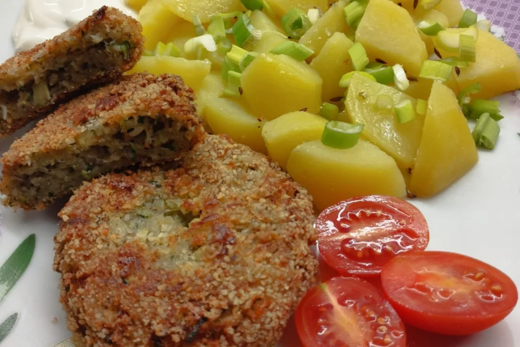 Obrázek receptu na Karboše z cukety a Hermelínu s bramborem, domácí tatarkou a okurkovým salátem: obídek jako lusk