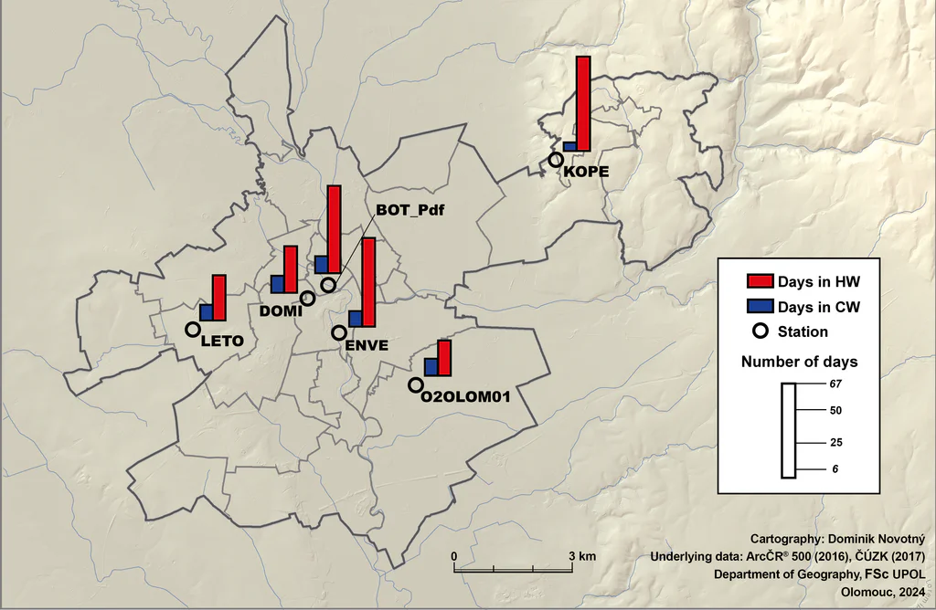 Počet dní s horkou vlnou a studenou vlnou v Olomouci v období 2017-2020 dle Novotný & Vysoudil (2025)