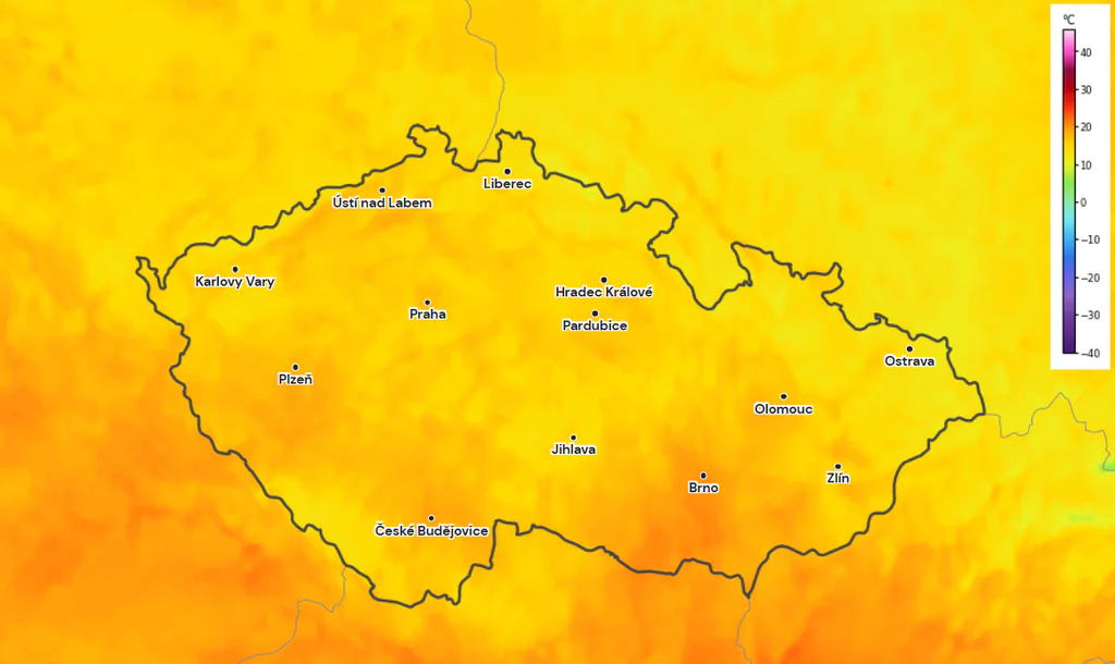 Obr. 3: Teplota během středečního rána nad Českem, nejchladněji bude na severu republiky. Zdroj: Aladin/Meteocentrum
