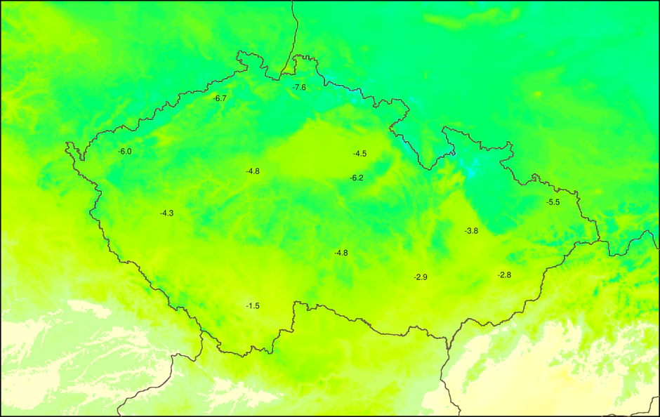 Páteční ráno může být hodně studené - v místech s malou oblačností a uklidněním větru mohou teploty klesnout i pod -12 °C
