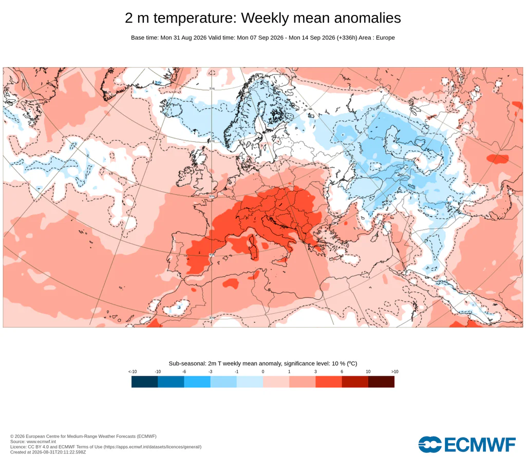 I podle modelu ECMWF bude září nadprůměrné, zjeména první polovina, jak ukazují výhledy na jednotlivé týdny