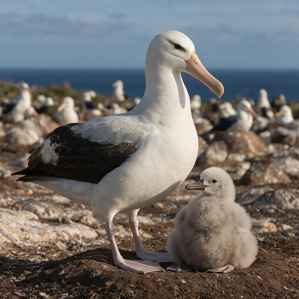 seedream-5.0-pro_A_photorealistic_adult_albatross_standing_beside_a_single_fluffy_chick_at_a_remo-0